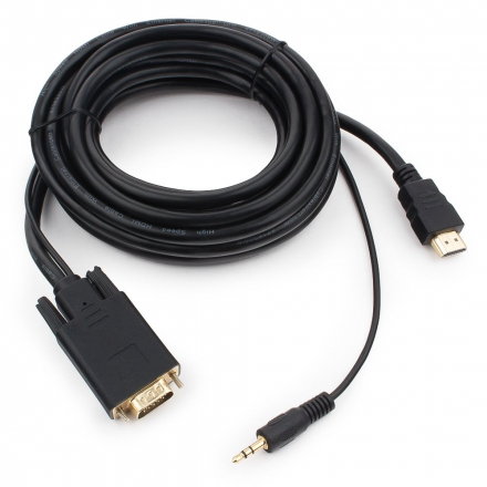 Кабель HDMI-VGA Cablexpert A-HDMI-VGA-03-5M, 19M/15M + 3.5Jack, 5м, черный, позол.разъемы, пакет