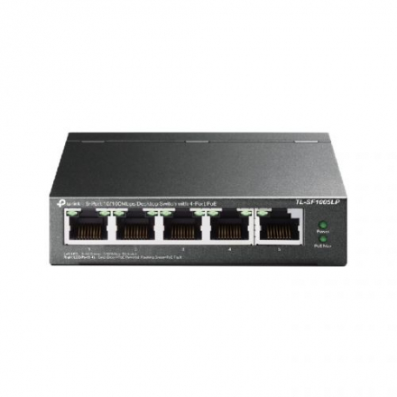 TP-Link TL-SF1005LP 5-портовый 10/100 Мбит/с неуправляемый коммутатор с 4 портами PoE, металлический корпус, настольная установка, бюджет PoE — 41 Вт.