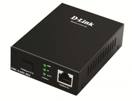 D-Link DMC-G20SC-BXU/A1A WDM медиаконвертер с 1 портом 100/1000Base-T и 1 портом 1000Base-LX с разъемом SC (Tx: 1310 мкм; Rx: 1550 мкм) для одномодового оптического кабеля (до 20 км)