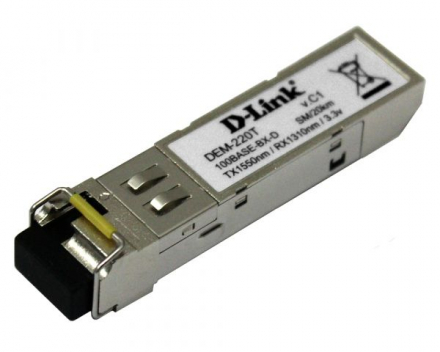 D-Link 220T/20KM/A1A WDM SFP-трансивер с 1 портом 100Base-BX-D (Tx:1550 нм, Rx:1310 нм) для одномодового оптического кабеля (до 20 км)